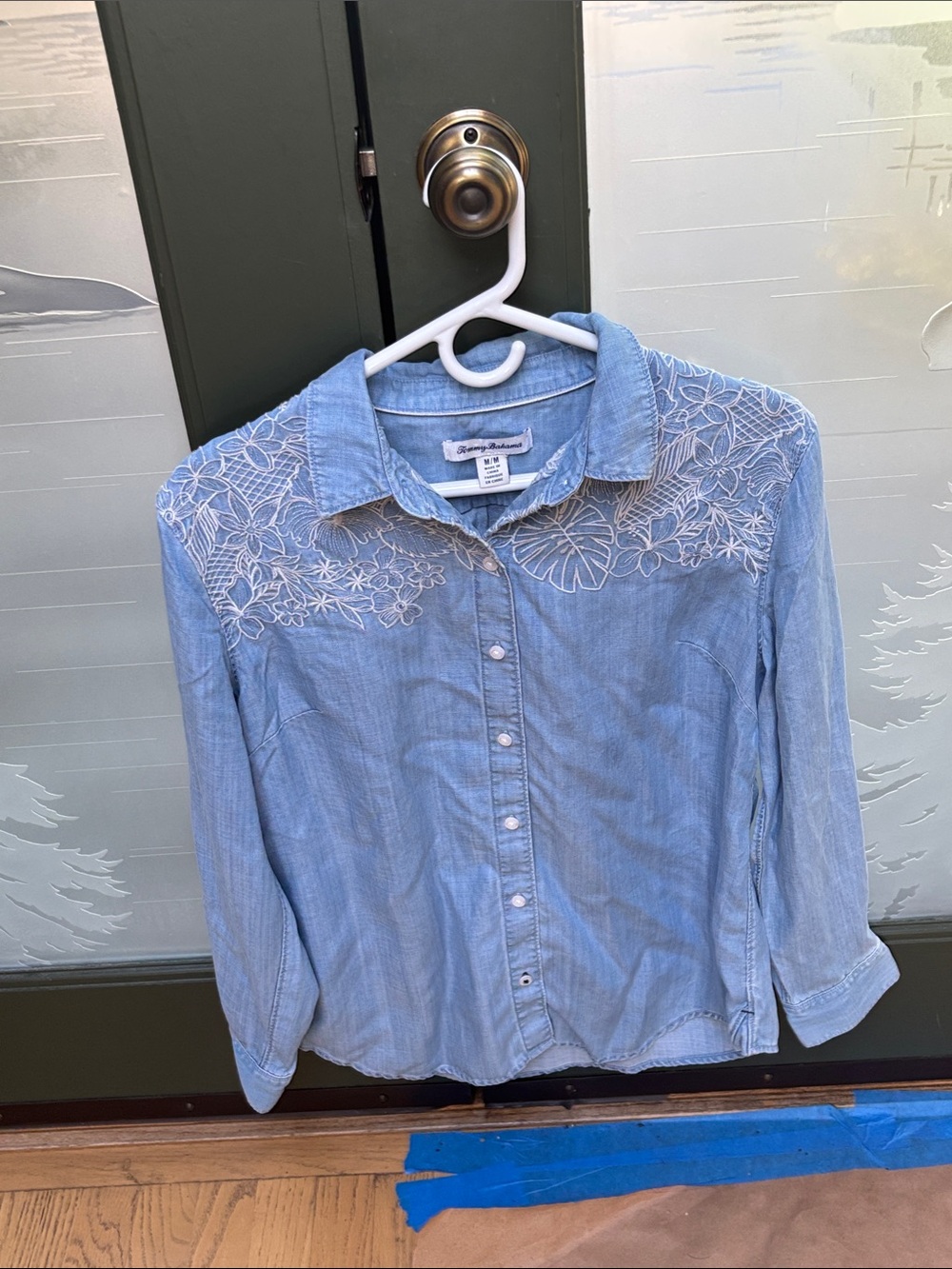 Tommy Bahama Light Blue Chambray Shirt with White Floral Embroidery